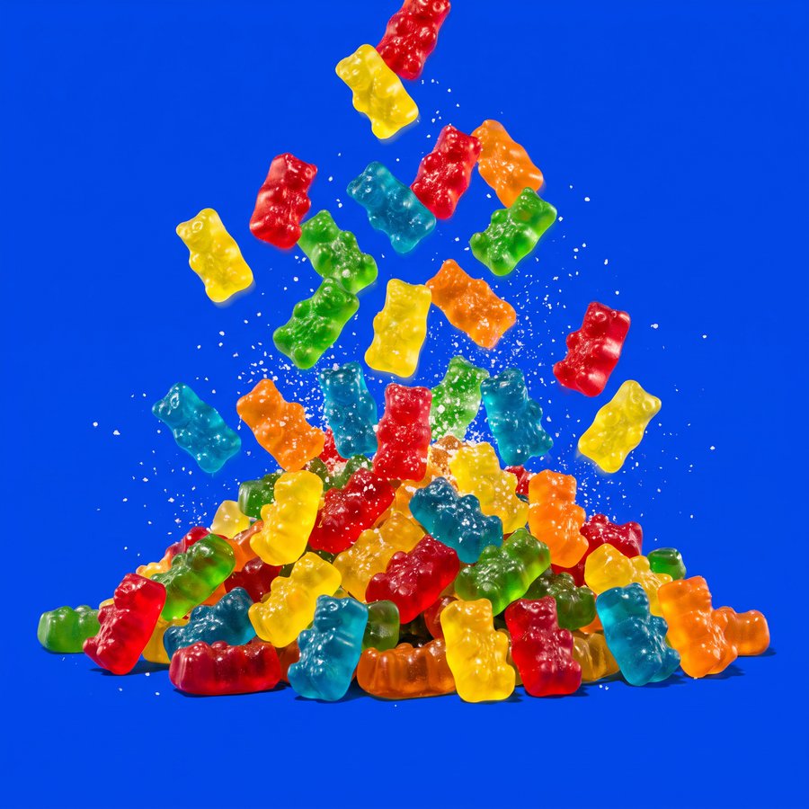A pile of glossy multicolour gummy bears